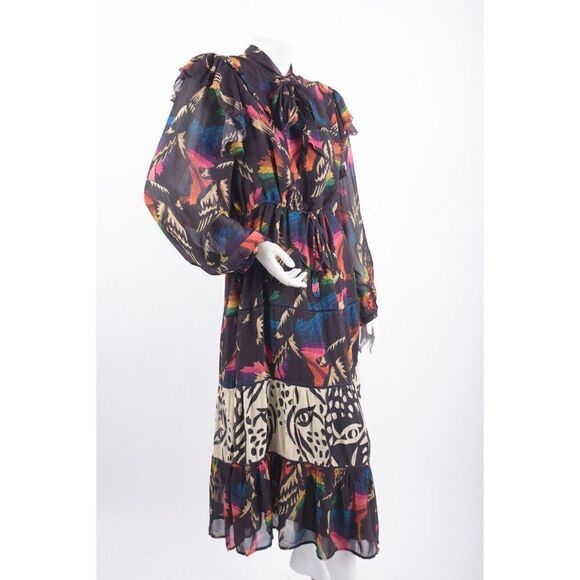Farm Rio Womens Macaws Flight Tie-Neck Ankle Dress S  Tiered Animal Print NWT - Picture 3 of 7
